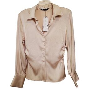 Zara Cream Satin Button-Down Blouse